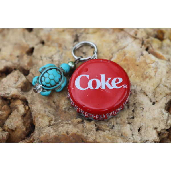 Coke Cola Bottle Cap Key Chain with Turtle Charm